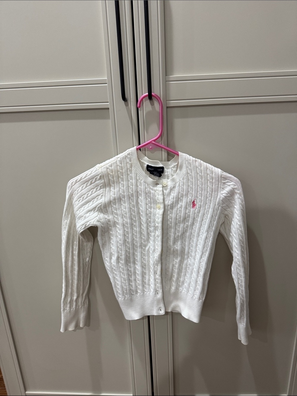 Ralph Lauren Off-White Cable Knit Button-Front Cardigan with Pink Pony